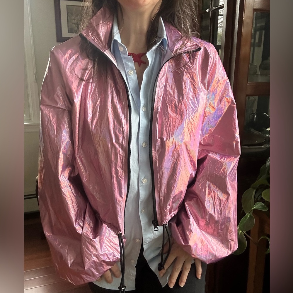 Shimmering Iridescent Pink Windbreaker Jacket Black Zipper - Picture 10 of 11